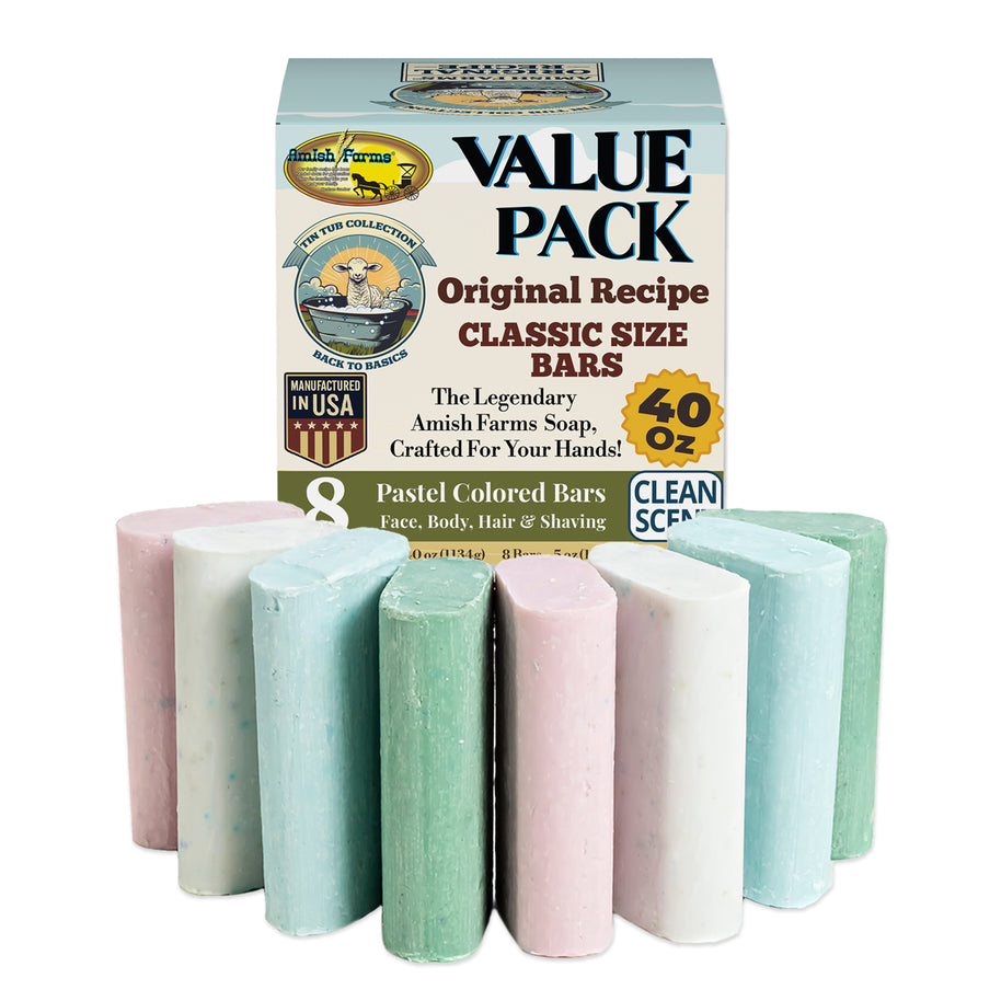 Value pack of Amish Farms soap bars by Tin Tub collection in pastel colors with a box in the background.