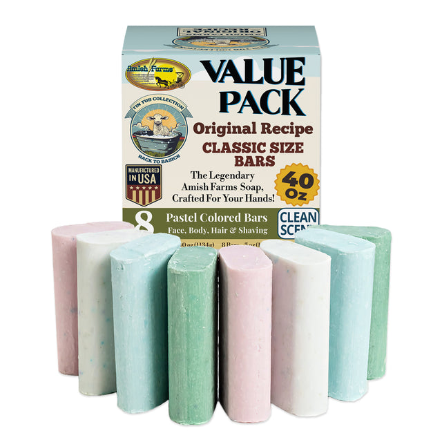 Value pack of Amish Farms soap bars by Tin Tub collection in pastel colors with a box in the background.